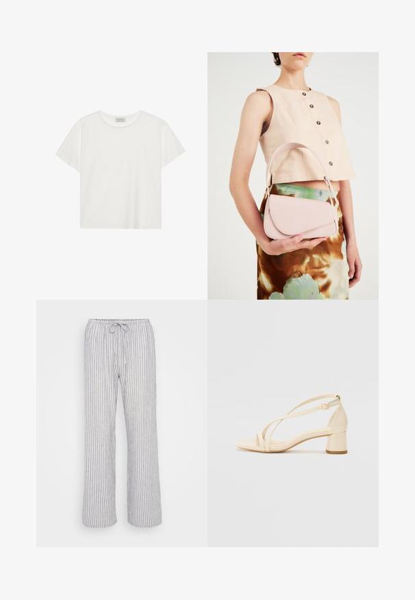 Bijela kratkodlaka majica od mekog pamuka. Ima okrugli izrez i opušteni kroj. Čist dizajn bez vidljivih uzoraka ili akcenata.; Svijetlosive prugaste hlače s elastičnim pojasom, zatvaranjem na vezicu i širokim nogavicama. Izrađene su od mekog, prozračnog materijala.; Bež sandale na visoku petu s blok petom, remenčićem i podesivom naramenicom, izrađene od glatkog sintetičkog materijala s mat završnom obradom.; Ružičasta kožna torba s zakrivljenim poklopcem, jednim remenom za rame i čistim linijama. Torba ima glatku teksturu i minimalistički dizajn.