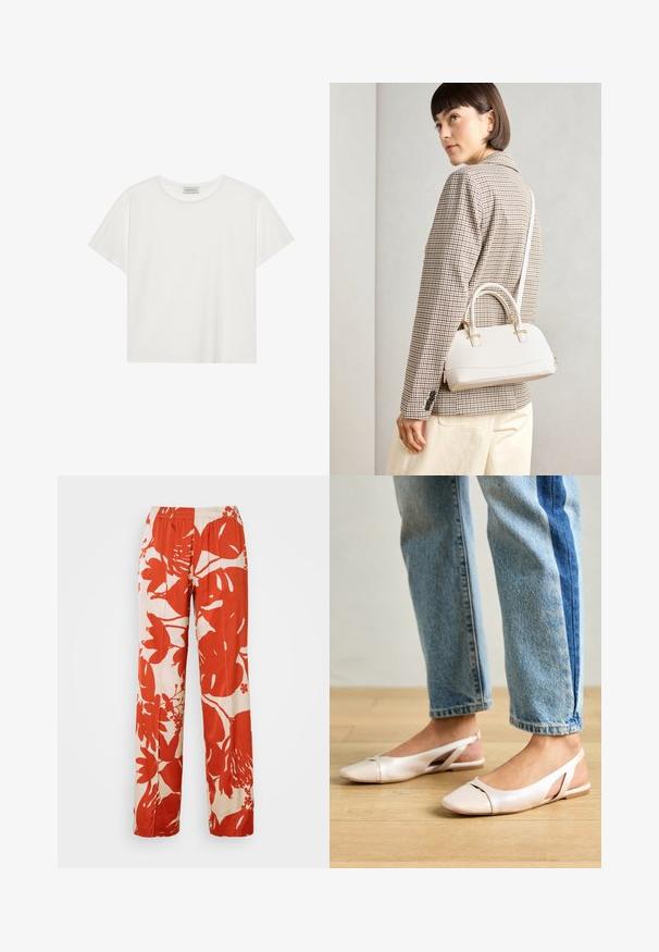 White short-sleeve T-shirt made of soft cotton. Features a round neckline and relaxed fit. Clean design with no visible patterns or accents.; Red and cream floral pattern wide-leg pants with an elastic waistband. The fabric has a smooth texture and features large leaf and flower designs.; Pale pink slingback flats with a pointed toe, made from a smooth leather-like material. Features cut-out details at the sides and a flat heel.; White structured handbag with short handles and a shoulder strap, featuring gold hardware accents and textured material, displayed against a grey background.
