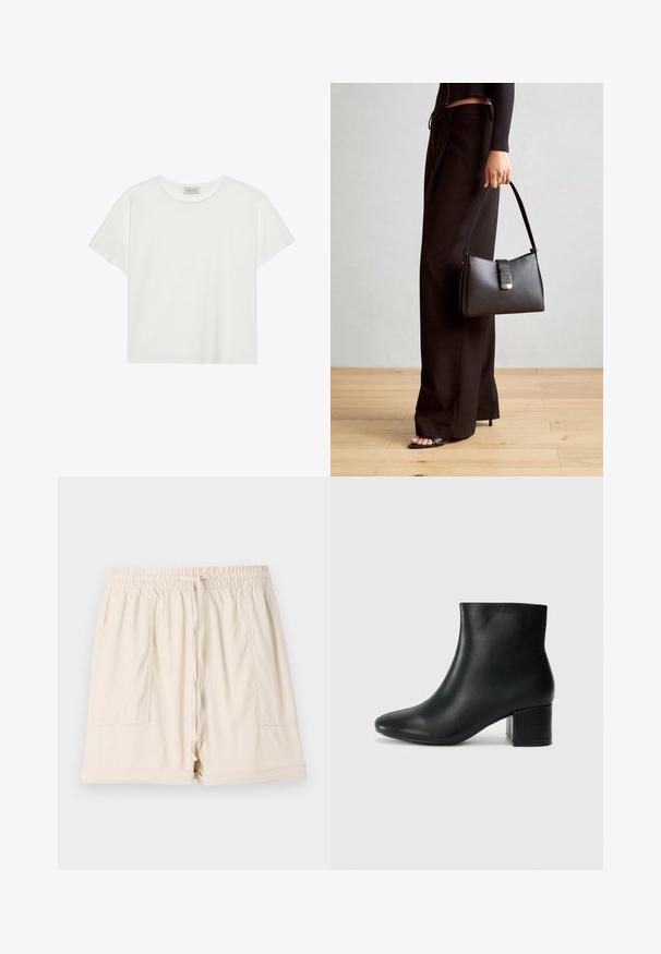 T-shirt blanc à manches courtes en coton doux. Présente un col rond et une coupe décontractée. Design épuré sans motifs ni accents visibles.; Shorts en coton beige avec une taille élastique, un cordon de serrage et deux poches latérales ; présentent une coupe décontractée et un ourlet roulé.; Bottines en cuir noir avec un bout pointu et un talon épais. Texture lisse avec des accents minimalistes et un design élégant et ajusté.; Sac à main noir à la forme structurée, texture lisse et fermoir métallique. Associé à un pantalon noir ample et des sandales ouvertes sur un sol en bois.