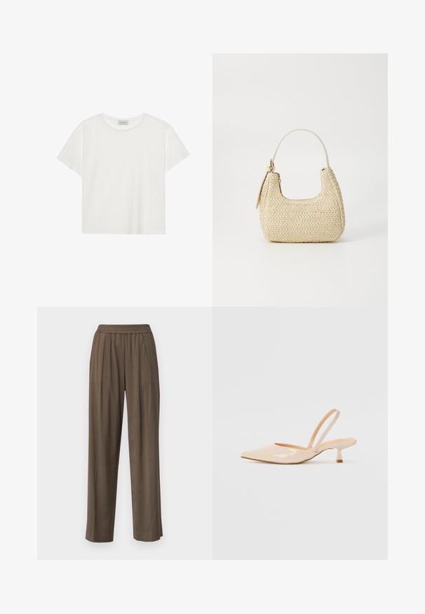 Balta trumpa rankovė T-marškiniai, pagaminti iš minkštos medvilnės. Charakterizuojami apvali kaklo iškirpte ir laisvu siluetu. Švarus dizainas be matomų raštų ar akcentų.; Rudi, plačios kojos kelnės, su elastingu juosmeniu ir priekinėmis raukšlėmis, pagamintos iš lygaus audinio, užtikrinančio laisvą prigludimą.; Bežinės patentinės odos slingback kulniukai su smailiu priekiniu kraštu ir prašmatniu kvadratiniu kulnu. Lygus paviršius ir minimalizmo dizainas be puošmenų.; Aukšta pintinė rankinė iš šiaudų, šviesiai rudos spalvos, su išlenkta forma, trumpa rankena ir šoniniu užtrauktuku. Pasižymi tekstūruota paviršiumi ir minimalistiniu dizainu.