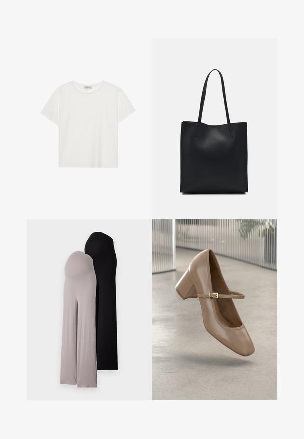 Fehér, rövid ujjú póló, puha pamutból készült. Kerek nyakkivágással és laza szabással rendelkezik. Tiszta dizájn, látható minták vagy díszítések nélkül.; Páros kismama nadrág puha, rugalmas anyagból. Az egyik szürke, a másik fekete, széles lábakkal és kényelmes gumis derékkal.; Beige Mary Jane cipő tömbsarokkal és vékony pánttal, arany csattal, felfüggesztve sima, világosszürke padlón, modern belső térben.; Fekete bőrtáska sima felszínnel, téglalap alakú, két hosszú füllel. Nincs látható fémkiegészítő vagy díszítés.