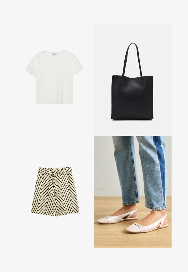 Valge lühikeste varrukatega t-särk, mis on valmistatud pehmest puuvillast. Omab ümmargust kaelust ja mugavat lõiget. Puhtad jooned, ilma nähtavate mustrite või aktsentideta.; Kerged šortid beeži kangaga, millel on mustad sigzag mustrid. Vööl on pael, mis võimaldab reguleerida, ning lõige on mugav ja lõdvestunud.; Kahvatu roosa slingback lapikute jalatsite paar, millel on terav varvas, valmistatud siledast nahataolisest materjalist. Omab külgedel lõikekohti ja lapikut kontsa.; Mustast nahast kott sujuva tekstuuriga, ristkülikukujuline ja kahe pika sangaga. Pole nähtavat riistvara ega kaunistusi.