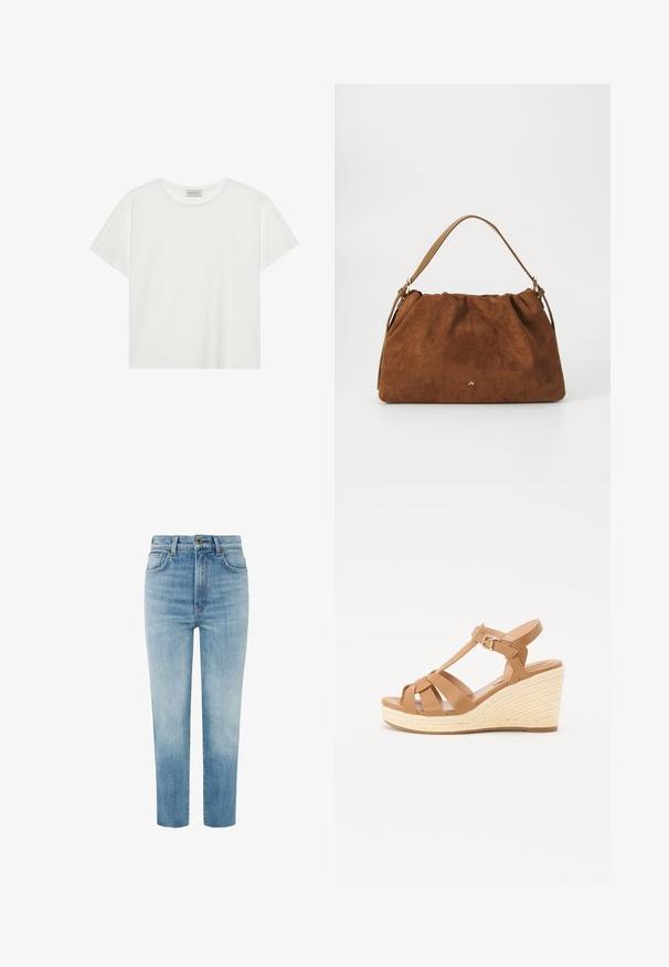 White short-sleeve T-shirt made of soft cotton. Features a round neckline and relaxed fit. Clean design with no visible patterns or accents.; Light blue denim jeans with a high waist, straight leg design, slight fade, and frayed hem. Features gold button and contrast stitching.; Tan wedge sandals featuring a cross-strap design, adjustable ankle buckle, and a textured woven espadrille-style wedge.; Brown suede handbag with a gathered design, featuring a single tan leather strap and a subtle gold logo detail on the front.