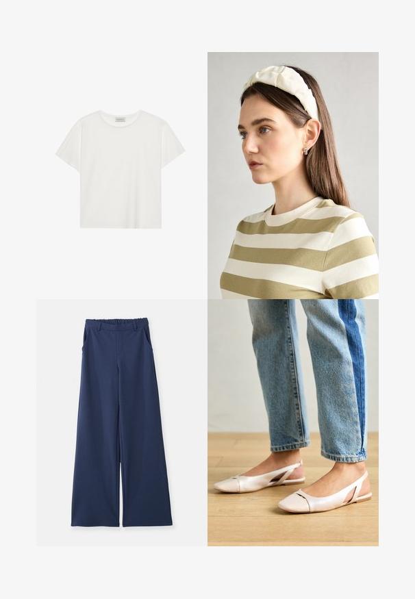 Tricou alb cu mânecă scurtă, made din bumbac moale. Are un guler rotund și o croială lejeră. Design curat, fără modele sau accente vizibile.; Pantaloni largi de culoare bleumarin, cu talie elastică, bucle pentru curea și buzunare laterale, expuși plat pe un fundal alb.; Sandalete plate de un roz pal cu vârf ascuțit, realizate dintr-un material asemănător pielii, neted. Prezintă detalii decupate pe laterale și un toc plat.; Bandă de cap din material moale, de culoare crem, cu un design răsucit, purtată alături de o bluză în dungi bej și albă, cu guler rotund. Accente discrete din bijuterii.