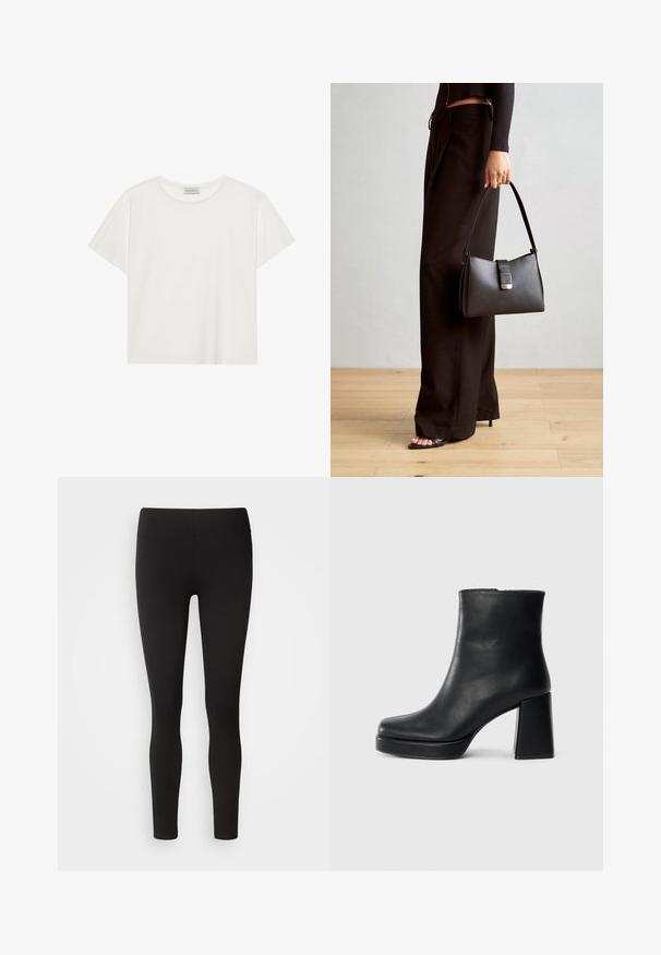 Hvit T-skjorte med kort erm laget av myk bomull. Har rund hals og avslappet passform. Rent design uten synlige mønstre eller aksenter.; Svart leggings laget av stretchy stoff med sømløst liv, figurnær design og glatt tekstur, egnet for ulike aktiviteter.; Sorte skinnankelsko med blokkhæl og plattformsåle, sett fra siden på en enkel hvit bakgrunn.; Svart håndveske med strukturert form, jevn tekstur og metallisk lås. Kombinert med brede svarte bukser og sandaler med åpen tå på tregulv.