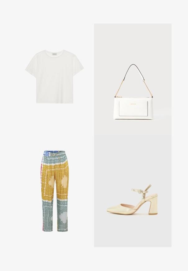 Camiseta blanca de manga corta hecha de suave algodón. Presenta un escote redondo y un corte relajado. Diseño limpio sin patrones o acentos visibles.; Pantalones impresos con una variedad de colores que incluyen amarillo, verde, rojo y azul, con una cintura con cordón y un diseño de pierna ancha.; Zapato de tacón metálico dorado con puntera afilada, correa de tobillo con un cierre circular y un diseño de tacón ancho. Textura suave.; Bolso de mano de cuero blanco con un acabado texturizado, que cuenta con una correa de cadena dorada y acentos negros. Incluye un bolsillo frontal y cierre de cremallera.