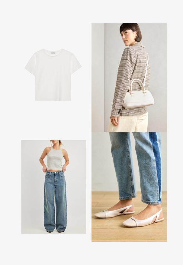 Valge lühikeste varrukatega t-särk, mis on valmistatud pehmest puuvillast. Omab ümmargust kaelust ja mugavat lõiget. Puhtad jooned, ilma nähtavate mustrite või aktsentideta.; NA-KD WEITE MIT TIEFER TAILLE - Alt laienevad teksad - vintage blue; Kahvatu roosa slingback lapikute jalatsite paar, millel on terav varvas, valmistatud siledast nahataolisest materjalist. Omab külgedel lõikekohti ja lapikut kontsa.; Valge struktureeritud käekott lühikeste käepidemete ja õlavööga, millel on kuldse riistvara aktsendid ja tekstuuriga materjal, eksponeeritud halli taustal.