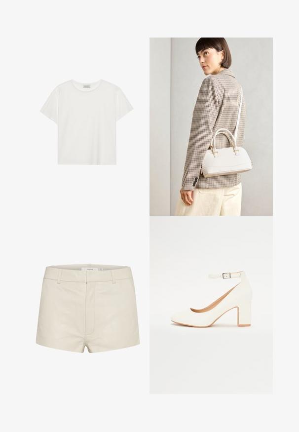 White short-sleeve T-shirt made of soft cotton. Features a round neckline and relaxed fit. Clean design with no visible patterns or accents.; Beige leather shorts with a smooth texture, featuring a fitted waist, belt loops, and subtle front stitching. Simple, contemporary design.; White high-heeled shoe with a pointed toe, block heel, and ankle strap. Smooth finish with a subtle shine and beige inner lining.; White structured handbag with short handles and a shoulder strap, featuring gold hardware accents and textured material, displayed against a grey background.