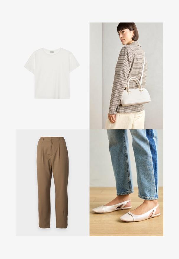 Balta trumpa rankovė T-marškiniai, pagaminti iš minkštos medvilnės. Charakterizuojami apvali kaklo iškirpte ir laisvu siluetu. Švarus dizainas be matomų raštų ar akcentų.; Rudos kelnes, pagamintos iš lygaus audinio, su pritaikytu siluetu, priekine raukšle ir tiesiomis kojomis, turinčios šonines kišenes.; Šviesiai rožiniai slingback baleto bateliai su smailiu pirštu, pagaminti iš lygios odai panašios medžiagos. Yra išpjovimų detalės šonuose ir plokščias kulnas.; Balta struktūruota rankinė su trumpomis rankenomis ir peties diržu, su auksinėmis detalėmis ir tekstūruota medžiaga, pastatyta prieš pilką foną.