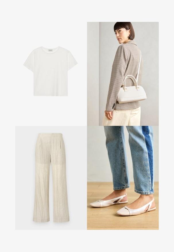 T-shirt blanc à manches courtes en coton doux. Présente un col rond et une coupe décontractée. Design épuré sans motifs ni accents visibles.; Pantalons à jambe large de couleur crème avec un tissu texturé. Présente des plis et une taille lisse. Pas de poches visibles ni d'ornements.; Ballerines slingback rose pâle avec un bout pointu, fabriquées en un matériau semblable au cuir lisse. Présentent des découpes sur les côtés et un talon plat.; Sac à main structuré blanc avec de courtes poignées et une bandoulière, doté de accents en métal doré et d'un matériau texturé, présenté sur un fond gris.