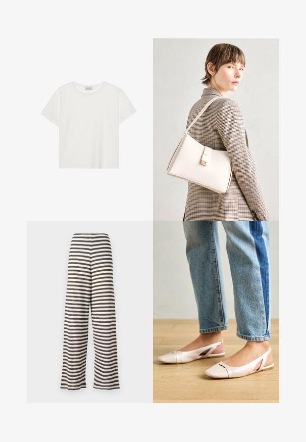 Hvit T-skjorte med kort erm laget av myk bomull. Har rund hals og avslappet passform. Rent design uten synlige mønstre eller aksenter.; Bredde bukser i svart og hvitt stripemønster, med en teksturert overflate og elastisk midje for komfort.; Lys rosa slingback leiligheter med spiss tå, laget av et glatt, læraktig materiale. Har utskjæringer på sidene og lav hæl.; Hvit lær veske med en strukturert design, med magnetlås og skulderstropp, vist mot en nøytral bakgrunn.