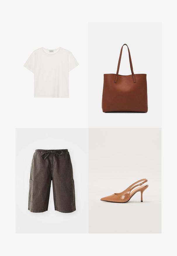 Camiseta blanca de manga corta hecha de suave algodón. Presenta un escote redondo y un corte relajado. Diseño limpio sin patrones o acentos visibles.; Pantalones cortos cargo en tejido gris oscuro, con una cinturilla elástica y cordón, bolsillos laterales y un corte relajado. Material duradero.; Zapato de tacón tipo slingback con punta afilada en un material suave y brillante de color marrón. Presenta un diseño con corte curvado y un tacón de aguja delgado. Detalle de hebilla plateada.; Bolso tote de cuero marrón con una textura suave, diseño de apertura superior y dos correas para el hombro. Presenta una costura mínima y sin herrajes visibles.