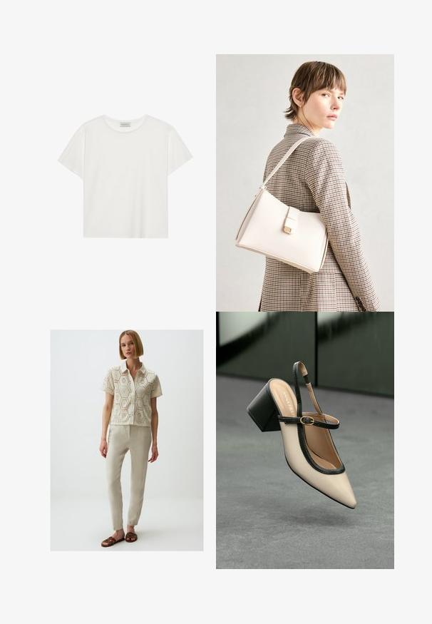 Witte T-shirt met korte mouwen, gemaakt van zachte katoen. Heeft een ronde halslijn en een relaxte pasvorm. Schoon ontwerp zonder zichtbare patronen of accenten.; Korte mouwen blouse met kantpatroon in crème, met een kraaglijn. Gecombineerd met beige, slim-fit broek en bruine gevlochten sandalen.; Beige puntige slingback schoen met zwarte rand, gouden gesp en een chunky blokhak op een grijze vloer met een donker groene achtergrond.; Witte leren handtas met een gestructureerd ontwerp, voorzien van een magneetsluiting en een schouderriem, tentoongesteld tegen een neutrale achtergrond.