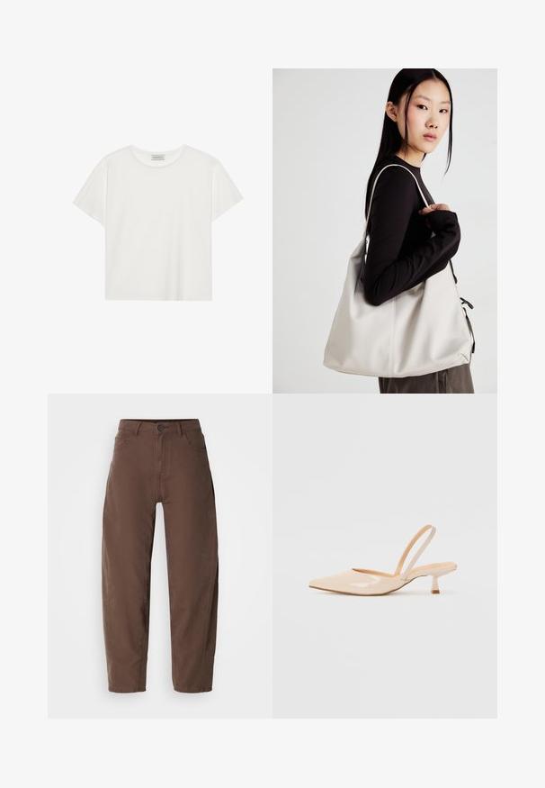 White short-sleeve T-shirt made of soft cotton. Features a round neckline and relaxed fit. Clean design with no visible patterns or accents.; Brown straight-leg pants with front button and zipper, belt loops, and side pockets, displayed on a white background.; Beige patent leather slingback heels with pointed toe and a slim, square heel. Smooth texture and minimalist design with no embellishments.; Beige handbag made of soft material, featuring a slouchy design, stitched detailing, and two shoulder straps. Suitable for everyday use.