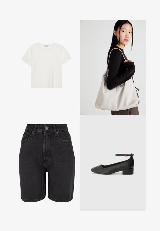 Balta trumpa rankovė T-marškiniai, pagaminti iš minkštos medvilnės. Charakterizuojami apvali kaklo iškirpte ir laisvu siluetu. Švarus dizainas be matomų raštų ar akcentų.; Juodi džinsiniai šortai su aukštu liemeniu, penkių kišenių dizainu ir metaliniu užsegimu. Audinys turi glotnią tekstūrą su subtiliu blukimu.; Juodas odinis aukštakulnis batelis su smailiu pirštu ir žemu bloku. Su kulkšnies dirželiu su auksinės spalvos sagtimi. Lygus paviršius.; Bežinė rankinė, pagaminta iš minkštos medžiagos, turinti laisvą dizainą, siuvinėtas detalės ir dvi petnešos. Tinkama kasdieniam naudojimui.