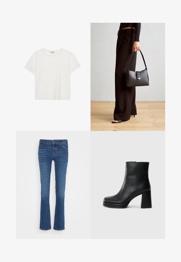 Hvit T-skjorte med kort erm laget av myk bomull. Har rund hals og avslappet passform. Rent design uten synlige mønstre eller aksenter.; Blå denimjeans med rett bendesign, med lys fading, fem lommer og en metallknapp-lukking i midjen.; Sorte skinnankelsko med blokkhæl og plattformsåle, sett fra siden på en enkel hvit bakgrunn.; Svart håndveske med strukturert form, jevn tekstur og metallisk lås. Kombinert med brede svarte bukser og sandaler med åpen tå på tregulv.