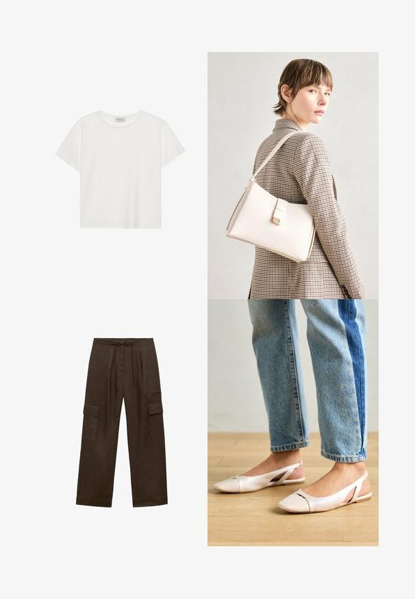 Biała koszulka z krótkim rękawem wykonana z miękkiej bawełny. Posiada okrągły dekolt i luźny krój. Czysty design bez widocznych wzorów czy akcentów.; Brązowe, szerokie spodnie cargo wykonane z lnu. Posiadają elastyczny pas ze sznurkiem oraz dwie boczne kieszenie naszywane. Gładki, teksturowany materiał.; Jasnoróżowe baleriny na odkrytej pięcie z wąskim noskiem, wykonane z gładkiego materiału imitującego skórę. Posiadają wycięcia po bokach oraz płaski obcas.; Biała skórzana torebka o strukturalnym wzorze, z magnetycznym zapięciem i paskiem na ramię, zaprezentowana na neutralnym tle.