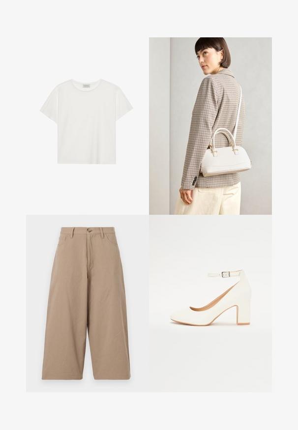 T-shirt branca de manga curta feita de algodão macio. Apresenta um decote redondo e um corte descontraído. Design limpo sem padrões ou detalhes visíveis.; Calças largas em caqui feitas de algodão, com uma cintura alta, bolsos frontais e um fecho de botão único. Textura suave e corte direito.; Sandalha branca de salto alto com ponta afiada, salto bloco e tira no tornozelo. Acabamento suave com um brilho subtil e forro bege.; Bolsa estruturada branca com alças curtas e uma alça de ombro, com detalhes em hardware dourado e material texturizado, exibida contra um fundo cinza.