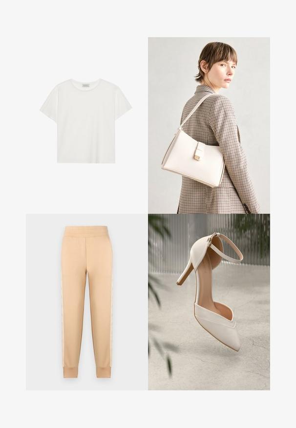 White short-sleeve T-shirt made of soft cotton. Features a round neckline and relaxed fit. Clean design with no visible patterns or accents.; Beige sweatpants with a smooth texture, featuring a tapered design, elastic waistband, and patterned side panels.; White high-heeled shoe in smooth material with pointed toe and ankle strap. Features a light tan interior and gold-tone hardware accent.; White leather handbag with a structured design, featuring a magnetic clasp and a shoulder strap, showcased against a neutral background.