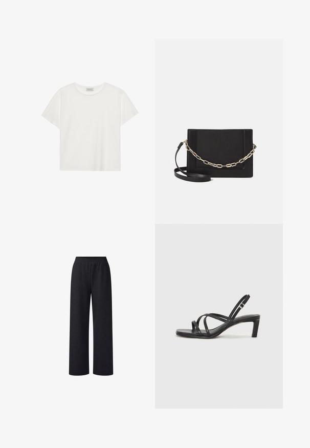 Valkoinen lyhythihainen T-paita, joka on valmistettu pehmeästä puuvillasta. Siinä on pyöreä kaula-aukko ja rento istuvuus. Siisti muotoilu ilman näkyviä kuvioita tai yksityiskohtia.; Mustat leveälahkeiset housut pehmeällä tekstuurilla ja elastisella vyötäröllä. Kankaan pinta näyttää hieman heather-värisestä, ja leikkaus on rento.; Mustat hihnalligat, joissa on neliön muotoinen kärki ja matala lohkokorko. Ominaisuuksiin kuuluu useita ohuita hihnoja ja säädettävä nilkkahihna. Valmistettu sileästä nahasta.; Musta nahkainen olkalaukku, jossa on sileä pinta, suorakulmainen muoto ja metalliketju yksityiskohtana edessä. Mukana säädettävä hihna.