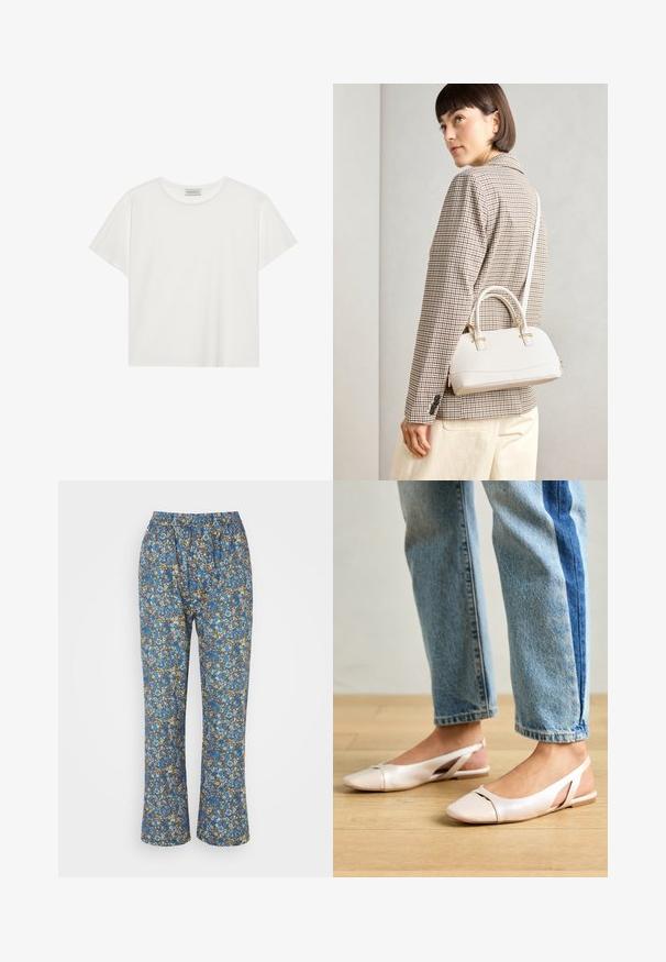T-shirt branca de manga curta feita de algodão macio. Apresenta um decote redondo e um corte descontraído. Design limpo sem padrões ou detalhes visíveis.; Calças com padrão floral azul, feitas de material leve, com um cós elástico, design de perna reta e detalhes intrincados em azul, castanho e branco.; Sapatilhas slingback de cor rosa pálido com bico fino, feitas de um material semelhante a couro liso. Apresentam detalhes recortados nas laterais e um salto plano.; Bolsa estruturada branca com alças curtas e uma alça de ombro, com detalhes em hardware dourado e material texturizado, exibida contra um fundo cinza.; Conjunto de cinco brincos de ouro, com designs variados: superfícies torcidas, estriadas e lisas em formas de argola e crescente.