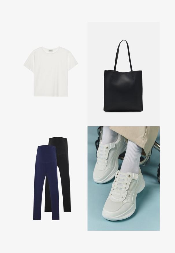 Biele tričko s krátkymi rukávmi vyrobené z jemnej bavlny. Má okrúhly výstrih a voľný strih. Čistý dizajn bez viditeľných vzorov alebo akcentov.; Dva páry legín, jedny námornícky modré a jedny čierne, s hladkou textúrou a vysokým pásom pre pevné uchytenie.; Biele tenisky s materiálom z mlátenice, gumovou podrážkou, bezšnúrovým dizajnom s elastickými pásikmi a pozlátenými akcentmi.; Čierna kožená taška na rameno s hladkým povrchom, obdĺžnikovým tvarom a dvoma dlhými uchami. Bez viditeľného kovania alebo ozdôb.