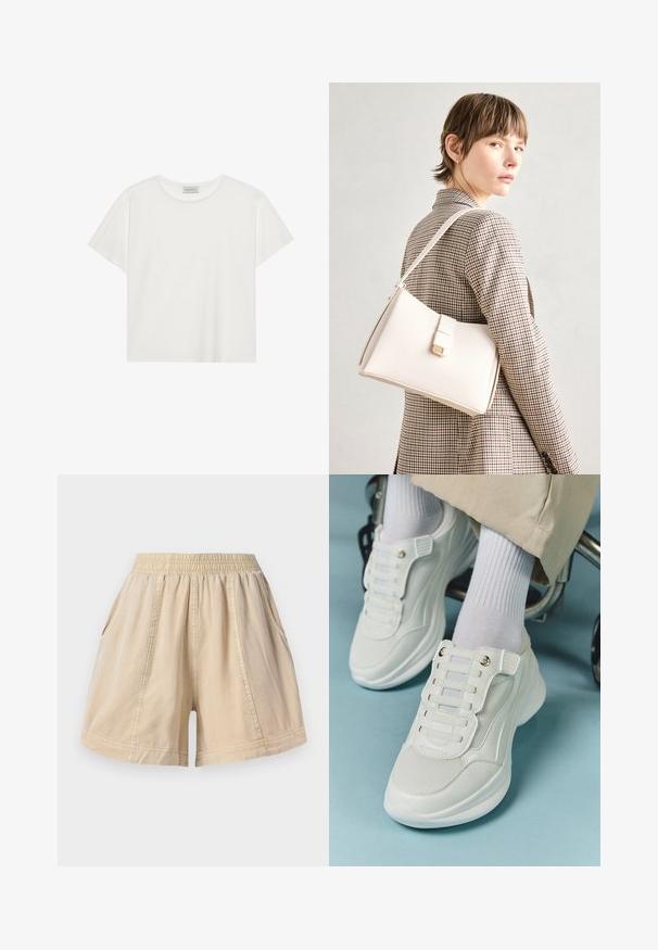 Biele tričko s krátkymi rukávmi vyrobené z jemnej bavlny. Má okrúhly výstrih a voľný strih. Čistý dizajn bez viditeľných vzorov alebo akcentov.; Béžové šortky s elastickým pásom, bočnými vreckami a viditeľnými švami, vyrobené z ľahkej tkaniny.; Biele tenisky s materiálom z mlátenice, gumovou podrážkou, bezšnúrovým dizajnom s elastickými pásikmi a pozlátenými akcentmi.; Biely kožený kabelka so štruktúrovaným dizajnom, s magnetickým uzáverom a ramenným popruhom, vystavená na neutrálnom pozadí.