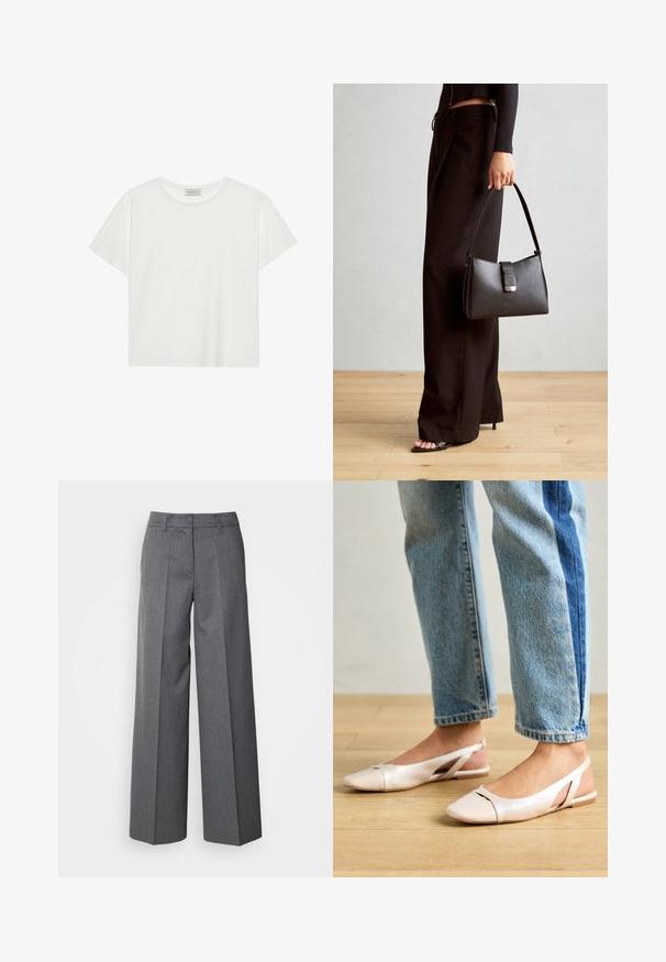 Hvid kortærmet T-shirt lavet af blødt bomuld. Har en rund halsudskæring og en afslappet pasform. Rent design uden synlige mønstre eller accenter.; Marc O'Polo PANTS MODERN SUITING STYLE WIDE LEG - Bukser - medium stone melange; Lyserøde slingback flade sko med spidse tær, lavet af et glat læderlignende materiale. Har udskæringsdetaljer på siderne og en flad hæl.; Sort håndtaske med struktureret form, glat overflade og metalspænde. Sammen med brede sorte bukser og sandaler med åben tå på trægulv.