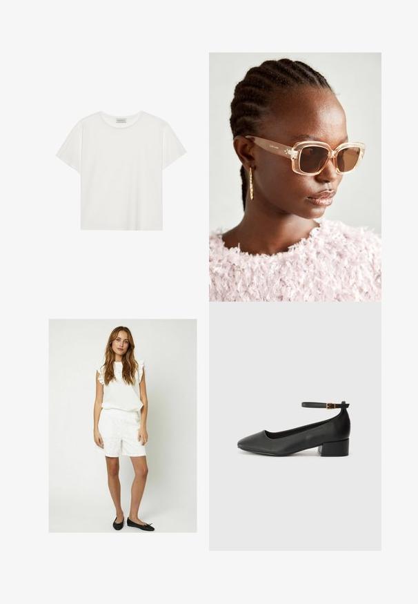 Witte T-shirt met korte mouwen, gemaakt van zachte katoen. Heeft een ronde halslijn en een relaxte pasvorm. Schoon ontwerp zonder zichtbare patronen of accenten.; Moves PENSI - Shorts - snow white; Zwarte leren pump met een spitse neus en een lage blokhak. Beschikt over een enkelband met een goudkleurige gespsluiting. Gladde textuur.; Beige oversized zonnebril met een doorzichtig montuur en bruine getinte glazen, met subtiele bloemaccenten en een gedurfde, geometrische ontwerp.