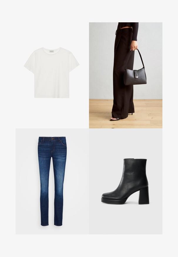 Fehér, rövid ujjú póló, puha pamutból készült. Kerek nyakkivágással és laza szabással rendelkezik. Tiszta dizájn, látható minták vagy díszítések nélkül.; Sötétkék farmernadrág, slim fit szabással, öt zsebes kialakítással és gombos záródással. Finom halványodás és kontrasztos színű steppelt részletek jellemzik.; Fekete bőr bokacsizma tömbsarkal és platform talppal, oldalról nézve, sima fehér háttéren.; Fekete kézi táska strukturált formával, sima textúrával és fémből készült záródással. Széles fekete nadrággal és nyitott orrú szandállal párosítva, fából készült padlón.