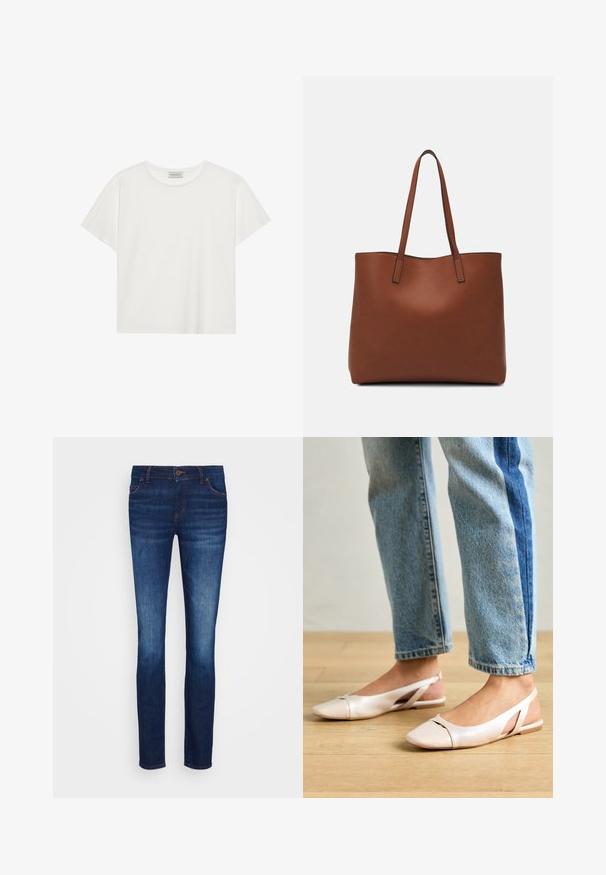 Bijela kratkodlaka majica od mekog pamuka. Ima okrugli izrez i opušteni kroj. Čist dizajn bez vidljivih uzoraka ili akcenata.; Tamno plave traperice slim kroja, s dizajnom od pet džepova i kopčanjem na dugme. Imaju suptilno izbjeljivanje i šivane akcenta u kontrastnoj boji.; Svijetlo ružičaste slingback balerinke s šiljastim vrhom, izrađene od glatkog materijala nalik koži. Sadrže izrezane detalje sa strane i ravnu petu.; Smeđa kožna torba preko ramena s glatkom teksturom, otvorenim vrhom i dvjema naramenicama. Ima minimalne šavove i nema vidljivog hardvera.