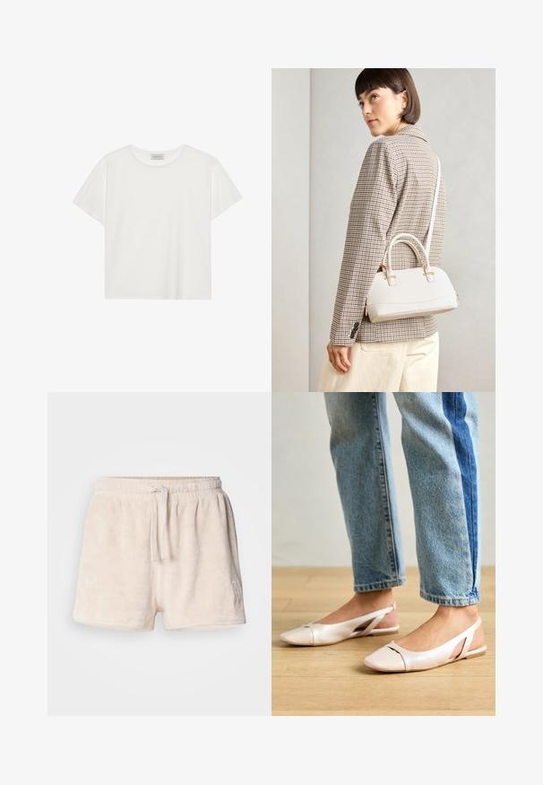 Witte T-shirt met korte mouwen, gemaakt van zachte katoen. Heeft een ronde halslijn en een relaxte pasvorm. Schoon ontwerp zonder zichtbare patronen of accenten.; Crème-kleurige fleece shorts met een elastische tailleband, koordsluiting en geborduurde details aan de linksonderkant. Zacht, gestructureerd materiaal.; Zachtroze slingback ballerina's met een spitse neus, gemaakt van een glad leerachtig materiaal. Bevat uitsnijdingen aan de zijkanten en heeft een platte hak.; Witte gestructureerde handtas met korte handvatten en een schouderband, voorzien van gouden hardwareaccenten en een textuurmateriaal, tentoongesteld tegen een grijze achtergrond.