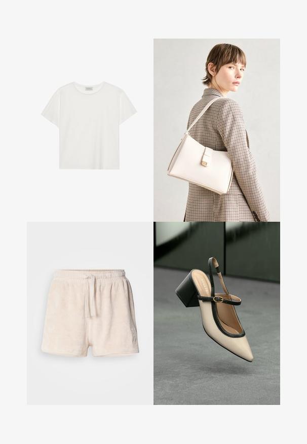Valge lühikeste varrukatega t-särk, mis on valmistatud pehmest puuvillast. Omab ümmargust kaelust ja mugavat lõiget. Puhtad jooned, ilma nähtavate mustrite või aktsentideta.; Kreemikaalased fliist lühikesed püksid, millel on elastne vöökoht, paelaga sulgemine ja tikand madalal vasakul küljel. Pehme, tekstureeritud kude.; Beesidega teravatoe slingback king, musta äär ja kuldne pandla, tummise plokk-kontsa peal hallil põrandal tumesinise tausta ees.; Valge nahast käekott struktureeritud disainiga, millel on magnetlukk ja õlavarre rihm, esitletud neutraalse tausta ees.