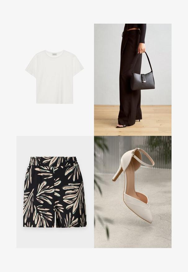 T-shirt blanc à manches courtes en coton doux. Présente un col rond et une coupe décontractée. Design épuré sans motifs ni accents visibles.; Un short noir avec un motif de feuillage en beige clair et vert menthe, fabriqué dans un tissu texturé et doté d'une taille élastique.; Chaussure à talons hauts blanche en matériau lisse, avec un bout pointu et une sangle autour de la cheville. Présente un intérieur beige clair et des accents en matériel doré.; Sac à main noir à la forme structurée, texture lisse et fermoir métallique. Associé à un pantalon noir ample et des sandales ouvertes sur un sol en bois.