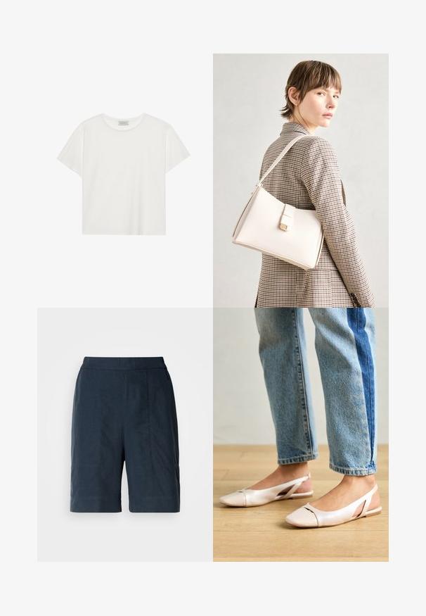 Biele tričko s krátkymi rukávmi vyrobené z jemnej bavlny. Má okrúhly výstrih a voľný strih. Čistý dizajn bez viditeľných vzorov alebo akcentov.; Námornícke modré šortky vyrobené z ľahkej tkaniny, s rovnými nohavicami, dvoma prednými vreckami a jemnými švovými detailmi.; Svetloružové slingback baleríny s jemne špicatou špičkou, vyrobené z hladkého materiálu pripomínajúceho kožu. Majú výrezové detaily na stranách a plochý opätok.; Biely kožený kabelka so štruktúrovaným dizajnom, s magnetickým uzáverom a ramenným popruhom, vystavená na neutrálnom pozadí.
