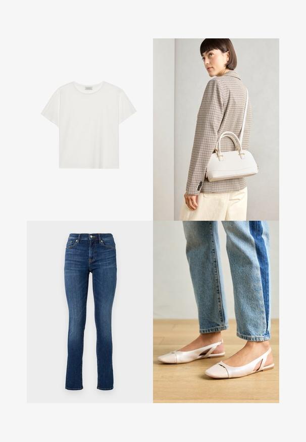 T-shirt branca de manga curta feita de algodão macio. Apresenta um decote redondo e um corte descontraído. Design limpo sem padrões ou detalhes visíveis.; Jeans skinny azul escuro feitos de denim, com um cós padrão, bolsos frontais e detalhes de costura subtis.; Sapatilhas slingback de cor rosa pálido com bico fino, feitas de um material semelhante a couro liso. Apresentam detalhes recortados nas laterais e um salto plano.; Bolsa estruturada branca com alças curtas e uma alça de ombro, com detalhes em hardware dourado e material texturizado, exibida contra um fundo cinza.
