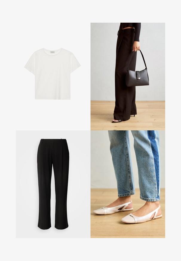 Fehér, rövid ujjú póló, puha pamutból készült. Kerek nyakkivágással és laza szabással rendelkezik. Tiszta dizájn, látható minták vagy díszítések nélkül.; Fekete, széles lábú nadrág, könnyű anyagból készült, sima elülső résszel, redőkkel és klasszikus derékkal.; Világos rózsaszín slingback laposlábú cipők, hegyes orral, sima bőrhatású anyagból készült. Oldalt kivágott részletek találhatók rajta, valamint lapos sarkú.; Fekete kézi táska strukturált formával, sima textúrával és fémből készült záródással. Széles fekete nadrággal és nyitott orrú szandállal párosítva, fából készült padlón.