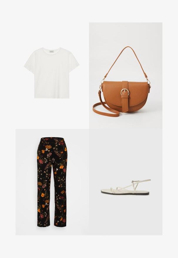 Valkoinen lyhythihainen T-paita, joka on valmistettu pehmeästä puuvillasta. Siinä on pyöreä kaula-aukko ja rento istuvuus. Siisti muotoilu ilman näkyviä kuvioita tai yksityiskohtia.; Mustapohjaisia, laajoja lahkeita kukkakuosisia housuja, joissa on monivärisiä kukkia, joustavyö ja sileä kangastunne.; Beige litte sandaalit, joissa on useita hoikkia hihnoja ja säädettävä solki. Pohja on litteä, ja reunassa on kevyt tumma kontrasti.; Ruskean nahkainen olkalaukku, jossa on kaareva muoto, kultaiset yksityiskohdat ja solkiyksityiskohta. Varustettu irrotettavalla olkahihnalla.