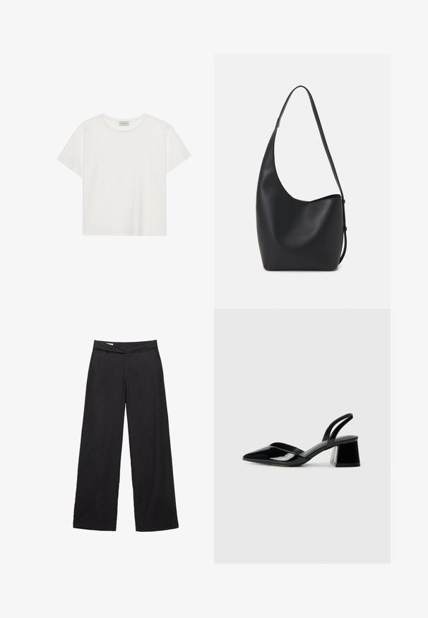 Biele tričko s krátkymi rukávmi vyrobené z jemnej bavlny. Má okrúhly výstrih a voľný strih. Čistý dizajn bez viditeľných vzorov alebo akcentov.; Čierne široké nohavice vyrobené z ľahkého materiálu. Majú plochý pás a dve predné vrecká. Jednoduchý, čistý dizajn bez vzorov.; Čierne lakované kožené sandálové podpätky s špicatou špičkou a geometrickým blokovým podpätkom. Disponujú elegantným, minimalistickým dizajnom a hladkým povrchom.; Čierna kožená hobo taška so hladkou textúrou, zakriveným tvarom a jedným nastaviteľným popruhom; má široké otvorenie na vrchu.