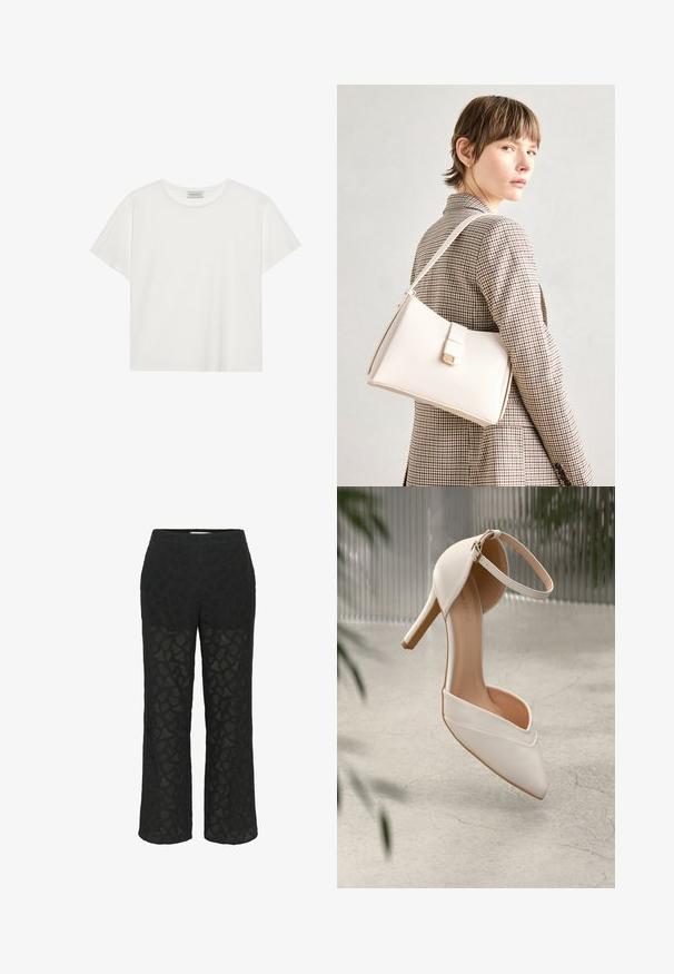 Hvid kortærmet T-shirt lavet af blødt bomuld. Har en rund halsudskæring og en afslappet pasform. Rent design uden synlige mønstre eller accenter.; Sorte blondebukser med et mønsterdesign, vidde ben og en blød talje, samt gennemsigtige sektioner for ekstra tekstur.; Hvid højhælet sko i glat materiale med spids tå og ankelrem. Har et lyst tan interiør og hardware i guldtonet accent.; Hvid læder håndtaske med en struktureret design, der har en magnetlukning og en skulderrem, præsenteret mod en neutral baggrund.