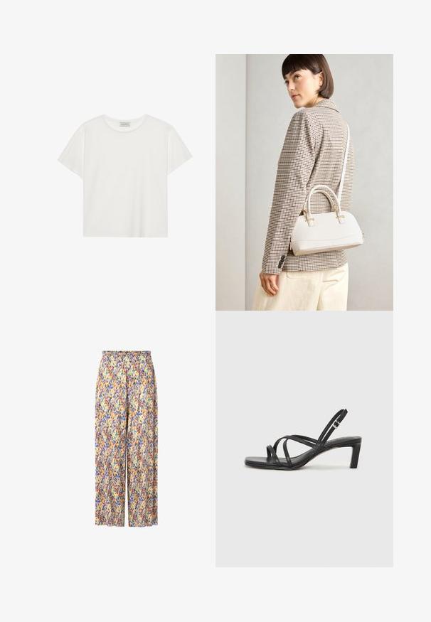 Biała koszulka z krótkim rękawem wykonana z miękkiej bawełny. Posiada okrągły dekolt i luźny krój. Czysty design bez widocznych wzorów czy akcentów.; Spodnie szerokie z wzorem, z elastycznym pasem. Kolory obejmują żółty, fioletowy, niebieski i zielony w wzorze plam.; Czarne sandały na obcasie z prostokątnym noskiem i niskim słupkowym obcasem. Posiadają wiele cienkich pasków i regulowany pasek na kostkę. Wykonane z gładkiej skóry.; Biała torebka o strukturalnym kształcie z krótkimi uchwytami i paskiem na ramię, z złotymi akcentami i teksturowanym materiałem, prezentowana na szarym tle.