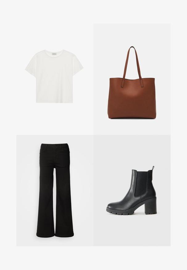 Valge lühikeste varrukatega t-särk, mis on valmistatud pehmest puuvillast. Omab ümmargust kaelust ja mugavat lõiget. Puhtad jooned, ilma nähtavate mustrite või aktsentideta.; Mustad mustad jalatsid, mis on valmistatud denimkangast, esitades esipocketeid, nööbikinnitust ja sujuvat tekstuuri puhta viimistlusega.; Must must nahkasaapad elastsete külgpaneelidega, paksu kummitald ja kõrge plokkkonts. Tagaküljel on tõmbeheebel.; Pruun nahast tote-kott, millel on sile tekstuur, avatud ülaosa disain ja kaks õlarihma. Omab minimaalset õmblust ja nähtavat riistvara ei ole.