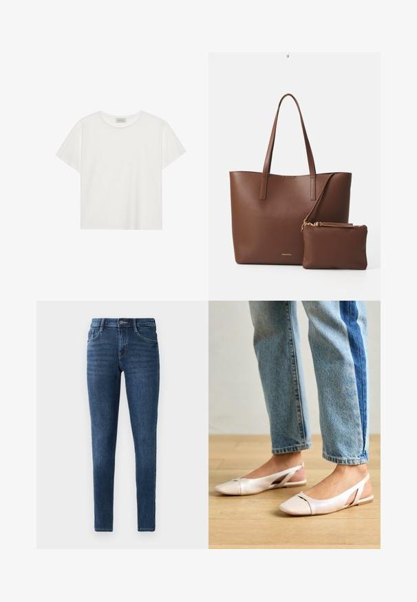 Fehér, rövid ujjú póló, puha pamutból készült. Kerek nyakkivágással és laza szabással rendelkezik. Tiszta dizájn, látható minták vagy díszítések nélkül.; Sötétkék farmer skinny nadrág klasszikus öt zsebes dizájnnal, elülső gombos záródással és finom varrási részletekkel. Az anyag felülete sima.; Világos rózsaszín slingback laposlábú cipők, hegyes orral, sima bőrhatású anyagból készült. Oldalt kivágott részletek találhatók rajta, valamint lapos sarkú.; Barna műbőr válltáska két hosszú fogantyúval és egy matching kis tárolóval. A felülete textúrás mintázatú, arany színű fém díszítésekkel.