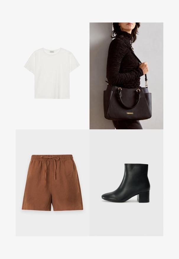 White short-sleeve T-shirt made of soft cotton. Features a round neckline and relaxed fit. Clean design with no visible patterns or accents.; Brown, lightweight shorts with an elastic waistband and drawstring. Features a loose fit and smooth texture, suitable for casual wear.; Black leather ankle boots with a pointed toe and a chunky heel. Smooth texture with minimal accents and a sleek, fitted design.; Black handbag with textured surface, dual top handles, and adjustable shoulder strap. Features gold-tone hardware and side pockets.