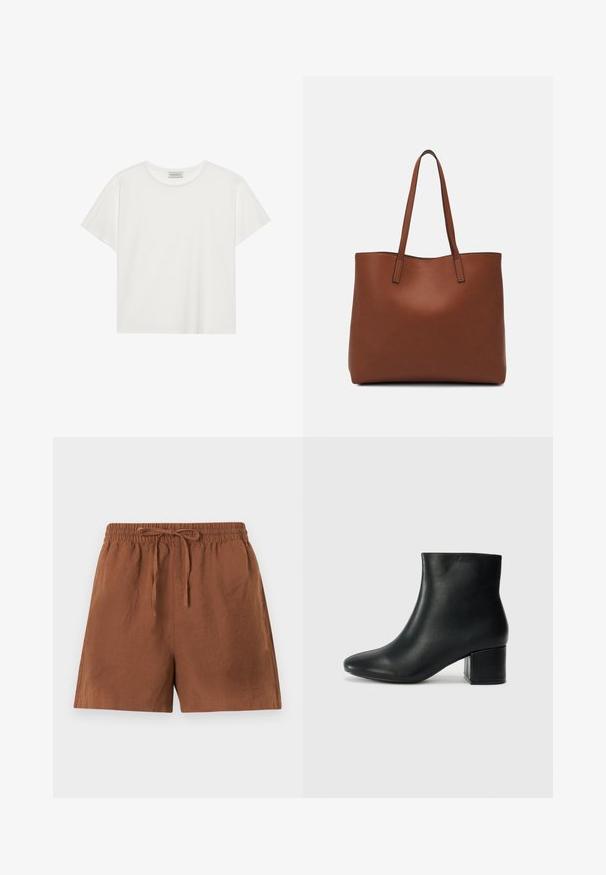 Hvit T-skjorte med kort erm laget av myk bomull. Har rund hals og avslappet passform. Rent design uten synlige mønstre eller aksenter.; Brune, lette shorts med elastisk midje og snor. Har en løs passform og glatt tekstur, egnet for uformell bruk.; Sorte skinn ankelsko med spiss tå og chunky hæl. Glatt tekstur med minimale detaljer og et elegant, tettsittende design.; Brun lær tote veske med en jevn tekstur, åpen toppdesign og to skulderstropper. Har minimal søm og ingen synlige spiker.