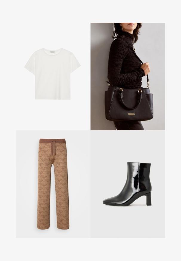 Hvid kortærmet T-shirt lavet af blødt bomuld. Har en rund halsudskæring og en afslappet pasform. Rent design uden synlige mønstre eller accenter.; Brune mønstrede loungbukser med tekstureret stof, elastisk talje med snor samt et løst fit design.; Sort lakeret ankelstøvle med spids tå og en midt-højde blokhæl. Glat tekstur og minimalistisk design.; Sort håndtaske med struktureret overflade, dobbelt topbærere og justerbar skulderrem. Udstyret med guldfarvet metalhardware og sidelommer.