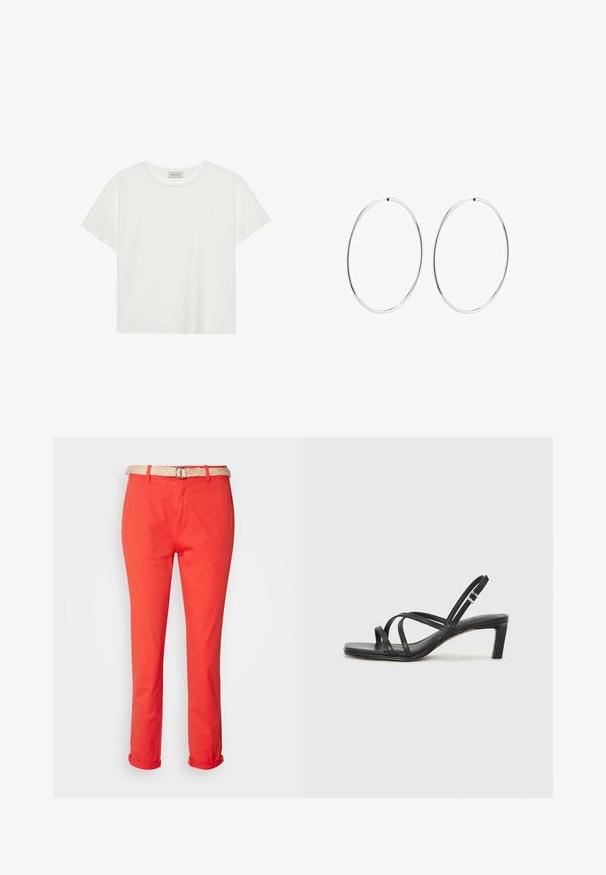 Balts īsām piedurknēm T-krekls, kas izgatavots no mīksta kokvilnas. Tam ir apaļš izgriezums un brīvs piegriezums. Tīrs dizains bez redzamām rakstiem vai akcentiem.; Esprit MIT GÜRTEL - Chinos tipa bikses - red; Melnas strappy sandales ar kvadrātveida purngaliem un zemu bloku papēdi. Ievērojamas ar vairākiem plāniem siksniņām un regulējamu potītes siksniņu. Izgatavotas no gludas ādas.; Sudraba riņķa auskari ar gludu, apaļu dizainu un pulētu apdari. Tie ir plāni un viegli, ar vienkāršu aizdari.