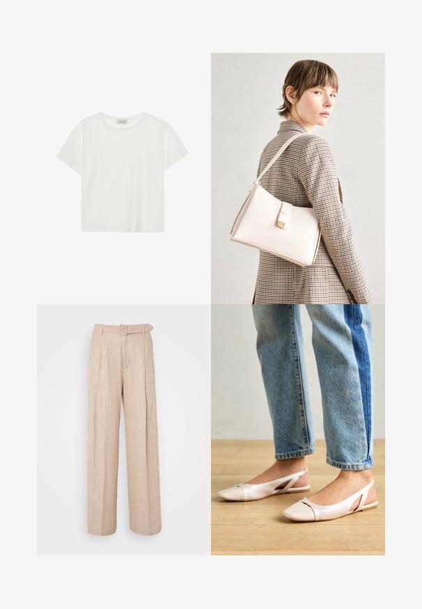 Biele tričko s krátkymi rukávmi vyrobené z jemnej bavlny. Má okrúhly výstrih a voľný strih. Čistý dizajn bez viditeľných vzorov alebo akcentov.; Béžové široké nohavice s vertikálnymi prúžkami, vysokým pásom, prednými záhybmi a zladeným opaskom. Hladká textura, minimalistický dizajn.; Svetloružové slingback baleríny s jemne špicatou špičkou, vyrobené z hladkého materiálu pripomínajúceho kožu. Majú výrezové detaily na stranách a plochý opätok.; Biely kožený kabelka so štruktúrovaným dizajnom, s magnetickým uzáverom a ramenným popruhom, vystavená na neutrálnom pozadí.