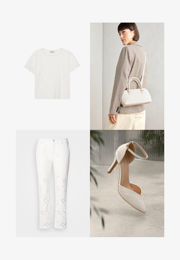 Fehér, rövid ujjú póló, puha pamutból készült. Kerek nyakkivágással és laza szabással rendelkezik. Tiszta dizájn, látható minták vagy díszítések nélkül.; Fehér pamut nadrág virágmintás hímzéssel a lábakon, egyenes szabással és gombos záródással a deréknál.; Fehér magassarkú cipő sima anyagból, hegyes orral és bokapánttal. Világos bézs belső és aranyszínű hardver díszítés jellemzi.; Fehér, strukturált kézitáska rövid füllel és vállpánttal, arany színű fém kiegészítőkkel és texturált anyagból, szürke háttér előtt bemutatva.