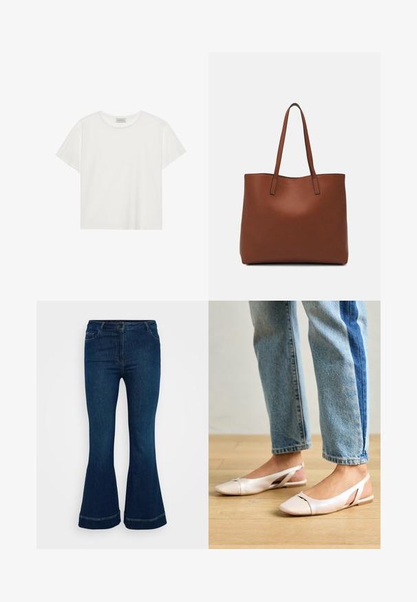 T-shirt branca de manga curta feita de algodão macio. Apresenta um decote redondo e um corte descontraído. Design limpo sem padrões ou detalhes visíveis.; Calças de ganga azuis escuras em corte sino, com cinco bolsos, fecho de botão e costura em contraste na bainha.; Sapatilhas slingback de cor rosa pálido com bico fino, feitas de um material semelhante a couro liso. Apresentam detalhes recortados nas laterais e um salto plano.; Bolsa tote de couro castanho com uma textura suave, design de abertura superior e duas alças para o ombro. Apresenta costura mínima e sem hardware visível.